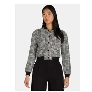 MADDEN NYC Juniors Size: Small Black & White Plaid Check Boucle Jacket Preppy